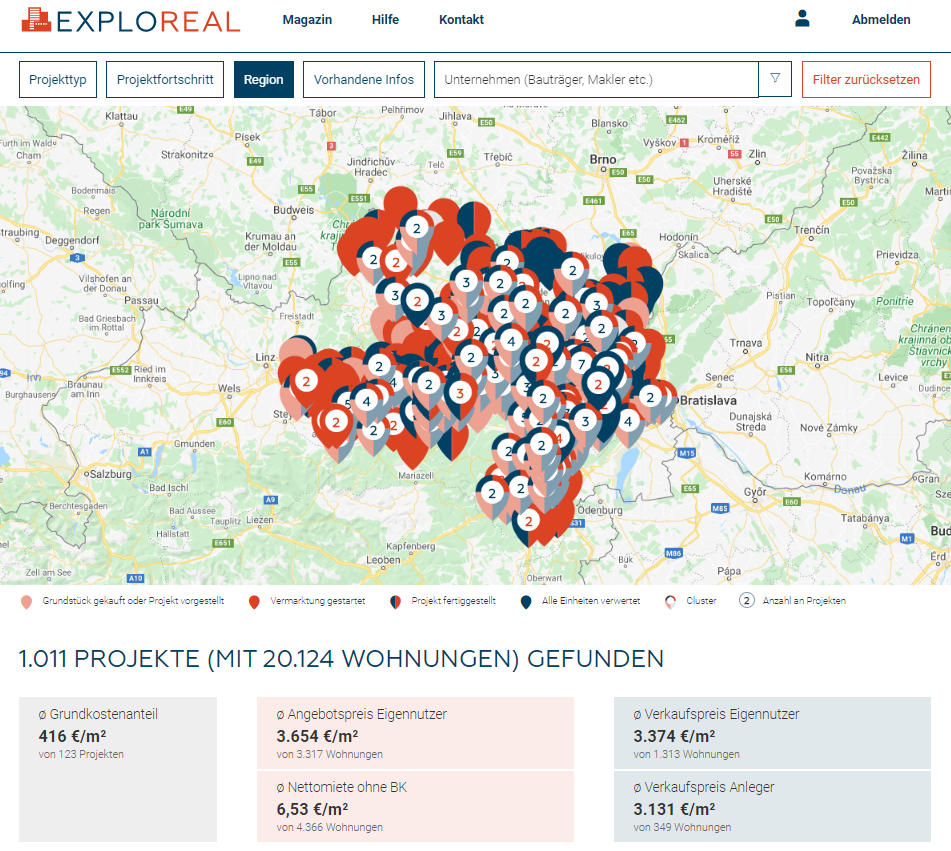 Screenshot mit Projekten in Niederösterreich