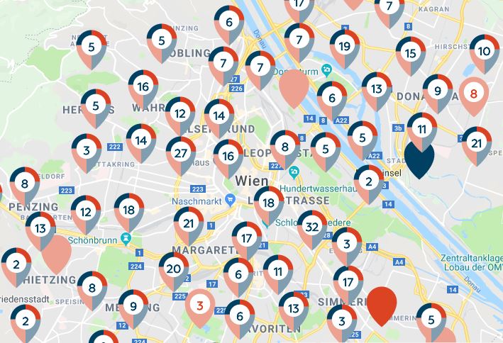 Screenshot Exploreal: Karte von Wien mit Projekten